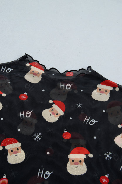 Black Santa Print Sheer Stand Neck Long Sleeve Top