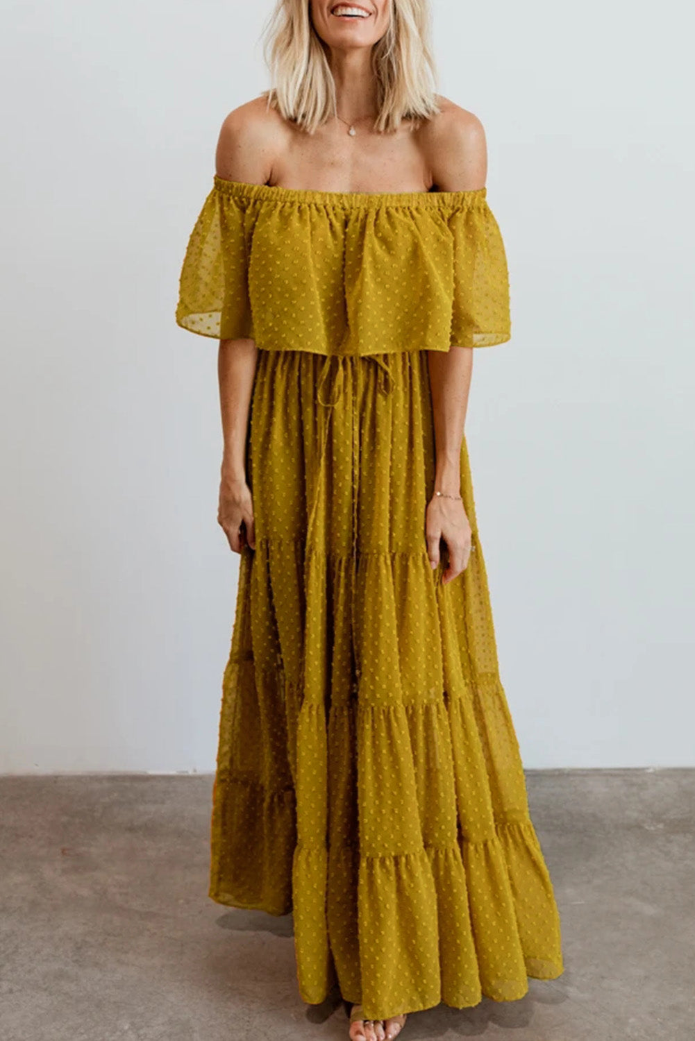Yellow Yellow Off Shoulder Ruffle Swiss Dot Maxi Dress