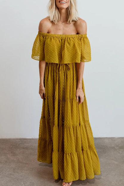 Yellow Yellow Off Shoulder Ruffle Swiss Dot Maxi Dress