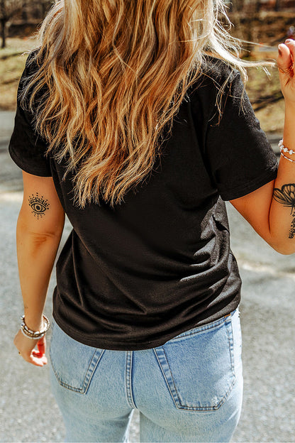 Black Happy Easter Bunny Flower Printed Casual Tee