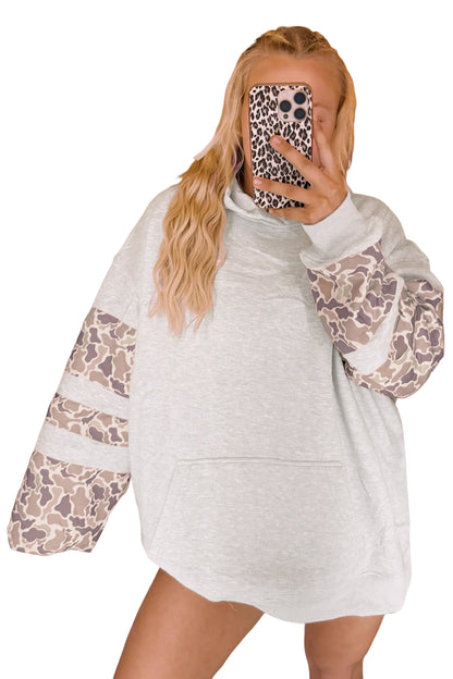 Light Grey Patchwork Camo Long Sleeve Hoodie