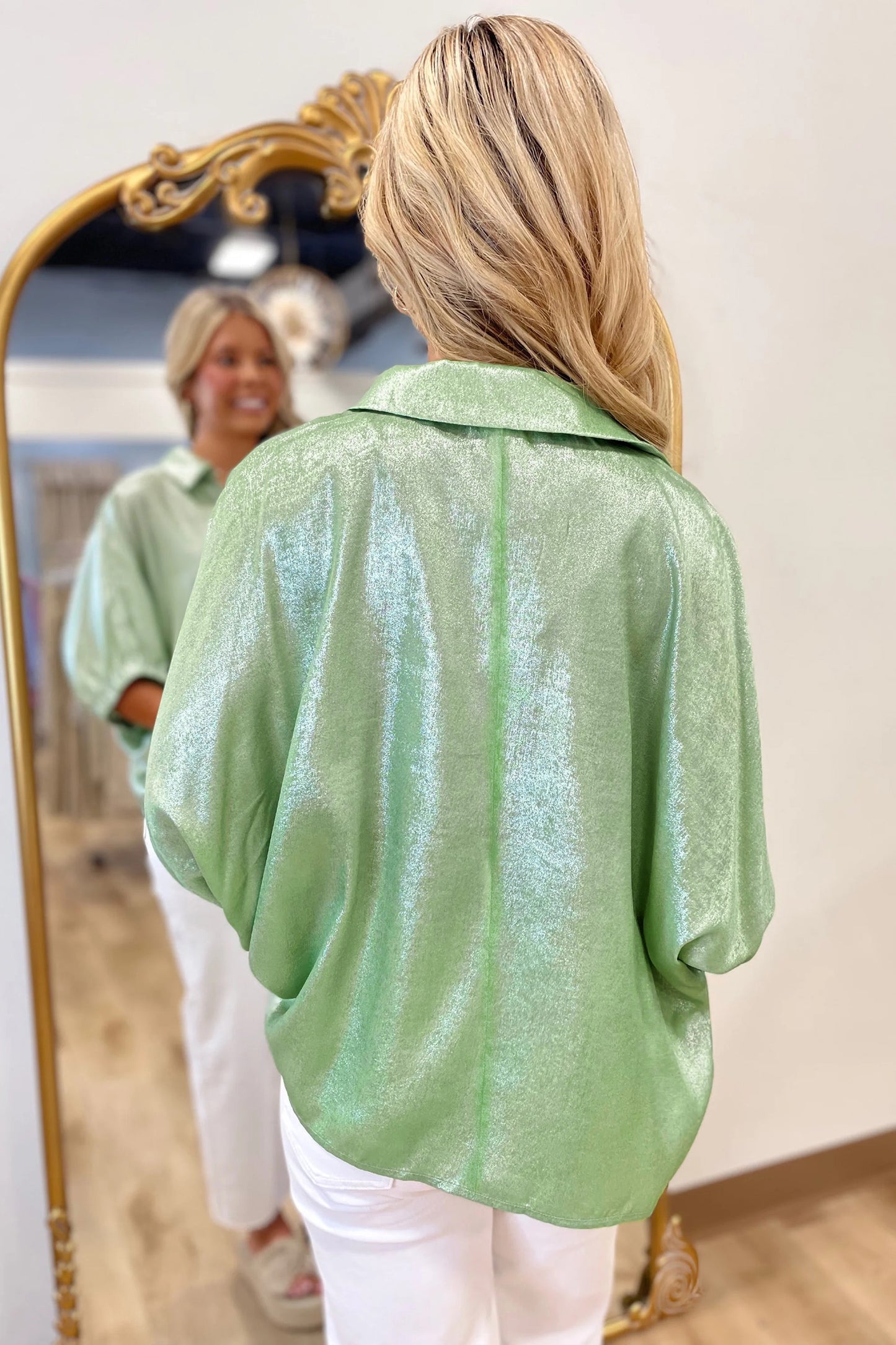 Clearly Aqua Collared V Neck Half Sleeve Metallic Top