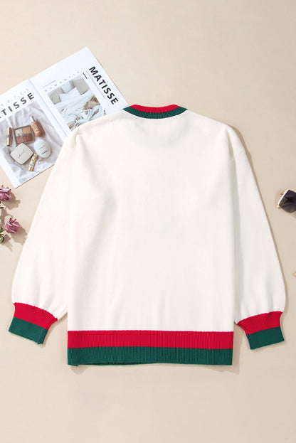 Pull grande taille à épaules tombantes et bordures colorblock à motif Holly Jolly et guirlandes blanches