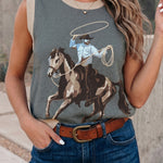 Gray Western Print Colorblock Trim Sleeveless Knitwear Vest