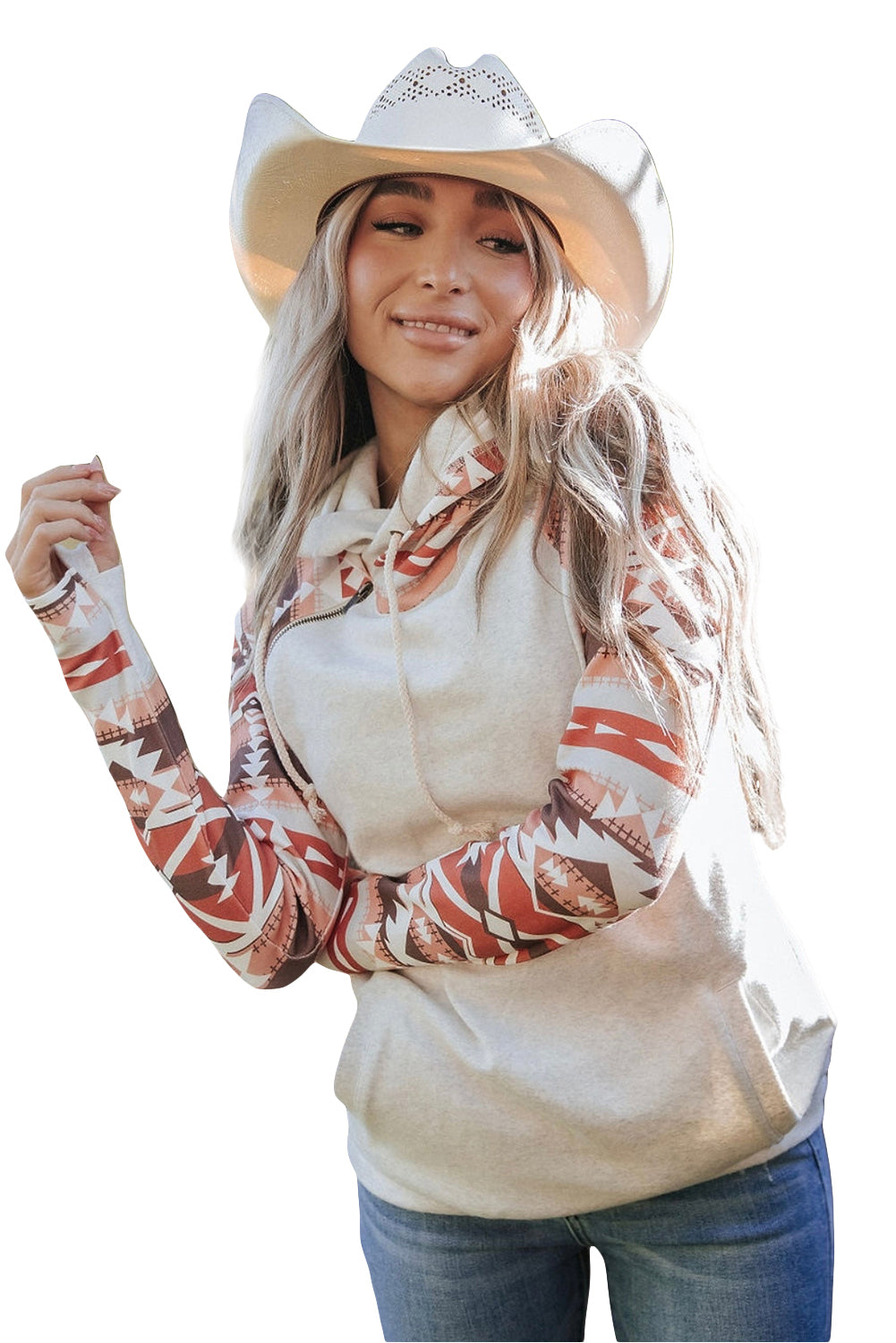 Sweat à capuche double capuche patchwork à imprimé aztèque occidental 