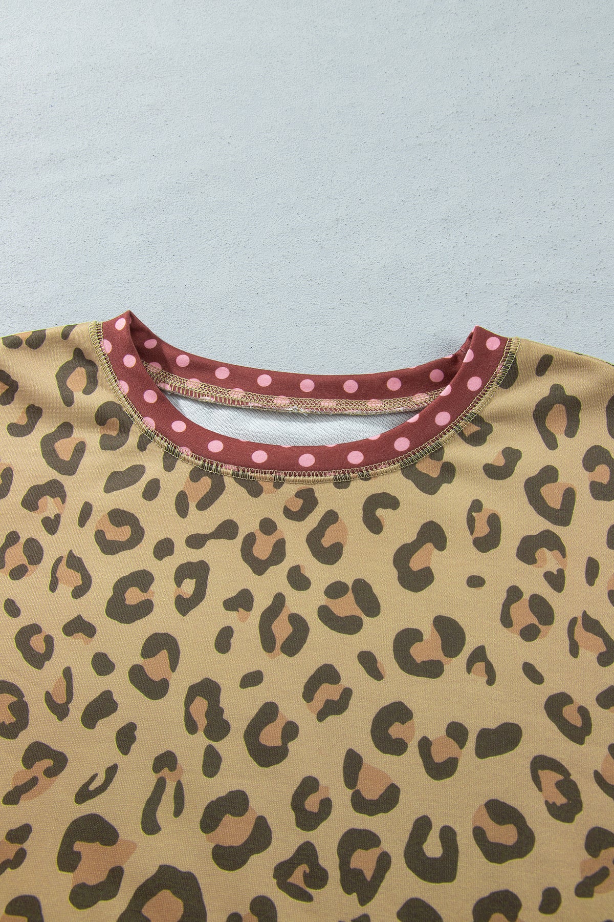Brown Plus Size Leopard Print Contrast Polka Dot Trim Long Sleeve Top