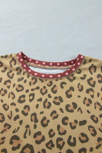 Brown Plus Size Leopard Print Contrast Polka Dot Trim Long Sleeve Top