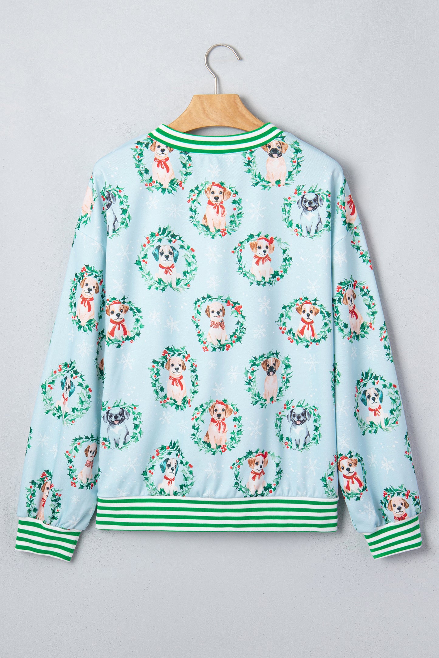 Sky Blue Abstract Dog Print Ribbed Cuff Round Neck Long Sleeve Sweatshirt