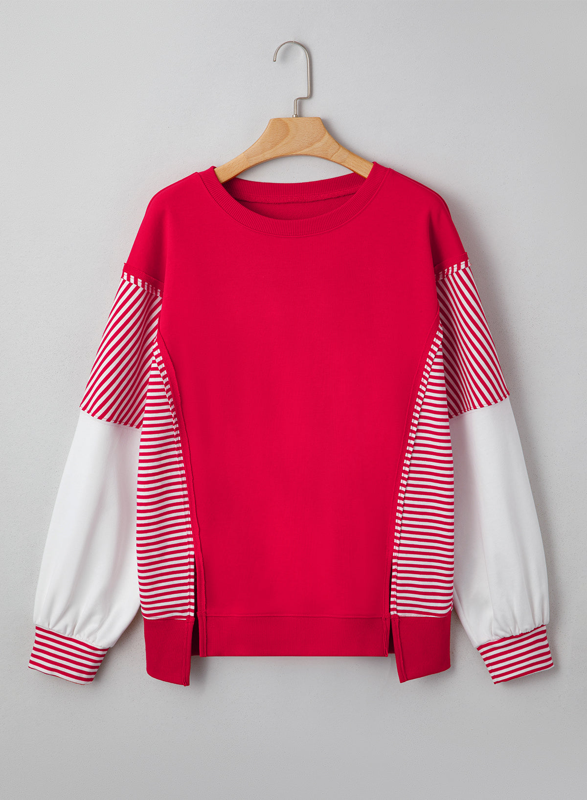 Fiery Red Striped Patchwork Sleeve Colorblock Sweatshirt