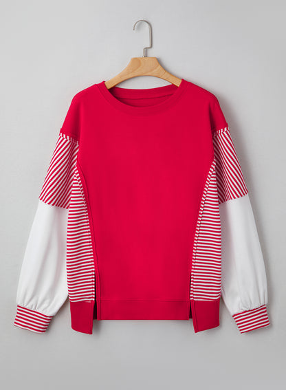 Fiery Red Striped Patchwork Sleeve Colorblock Sweatshirt