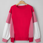 Fiery Red Striped Patchwork Sleeve Colorblock Sweatshirt