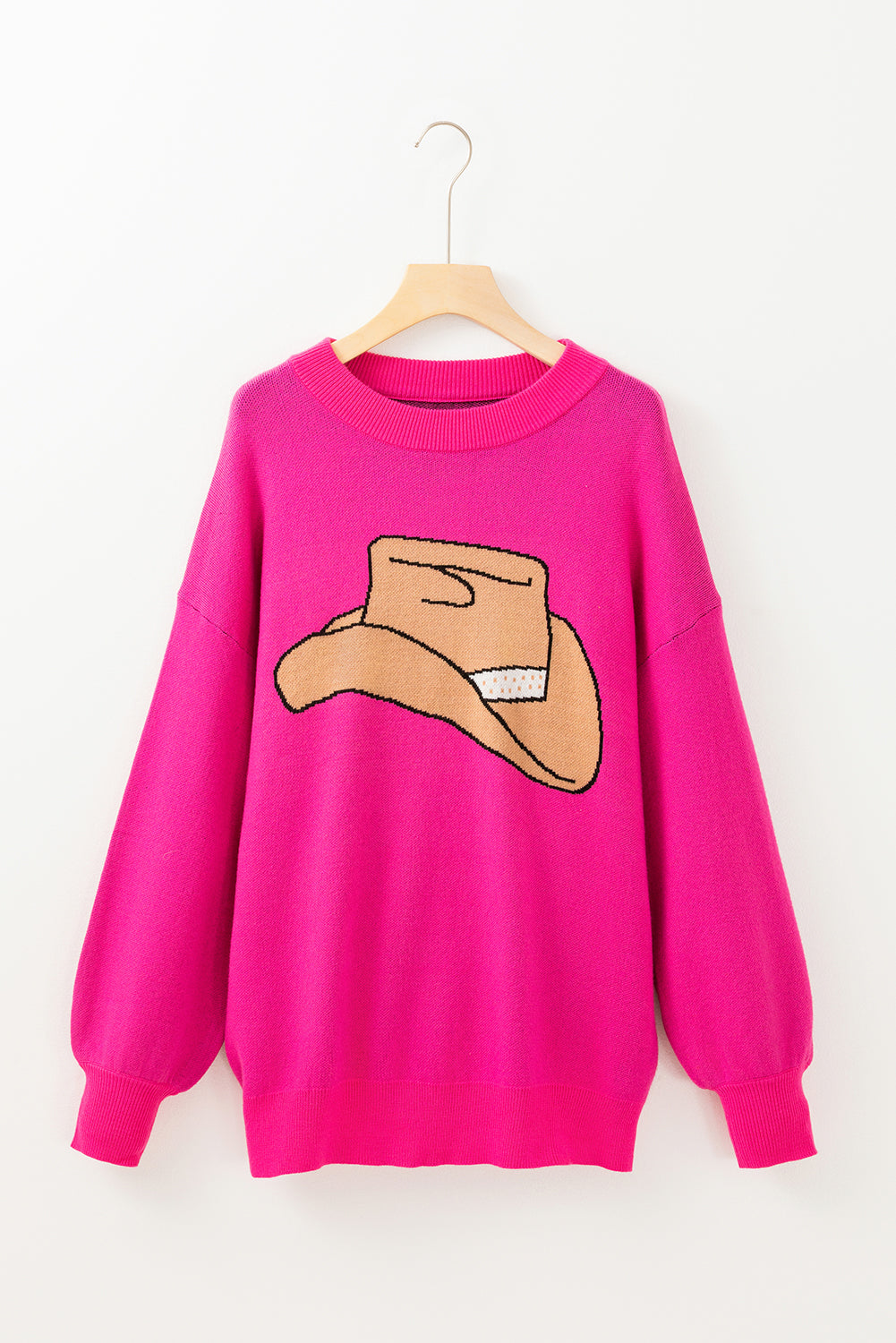 Pull oversize à épaules tombantes et chapeau de cowboy YEEHAW rouge rose