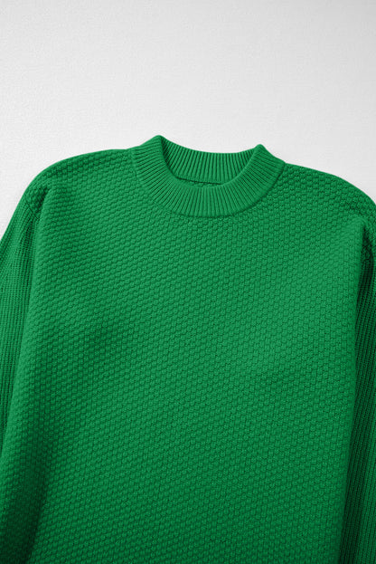 Dark Green Solid Textured Knit Split Cuff Drop Shoulder Loose Sweater