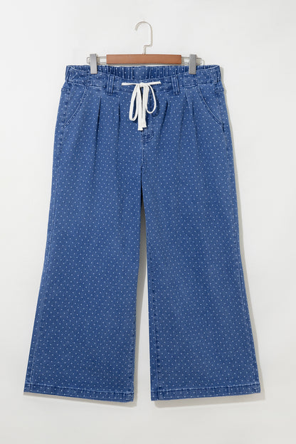 Sky Blue Polka Dot Wide Leg Full Length Shift Silhouette Plus Size Jeans