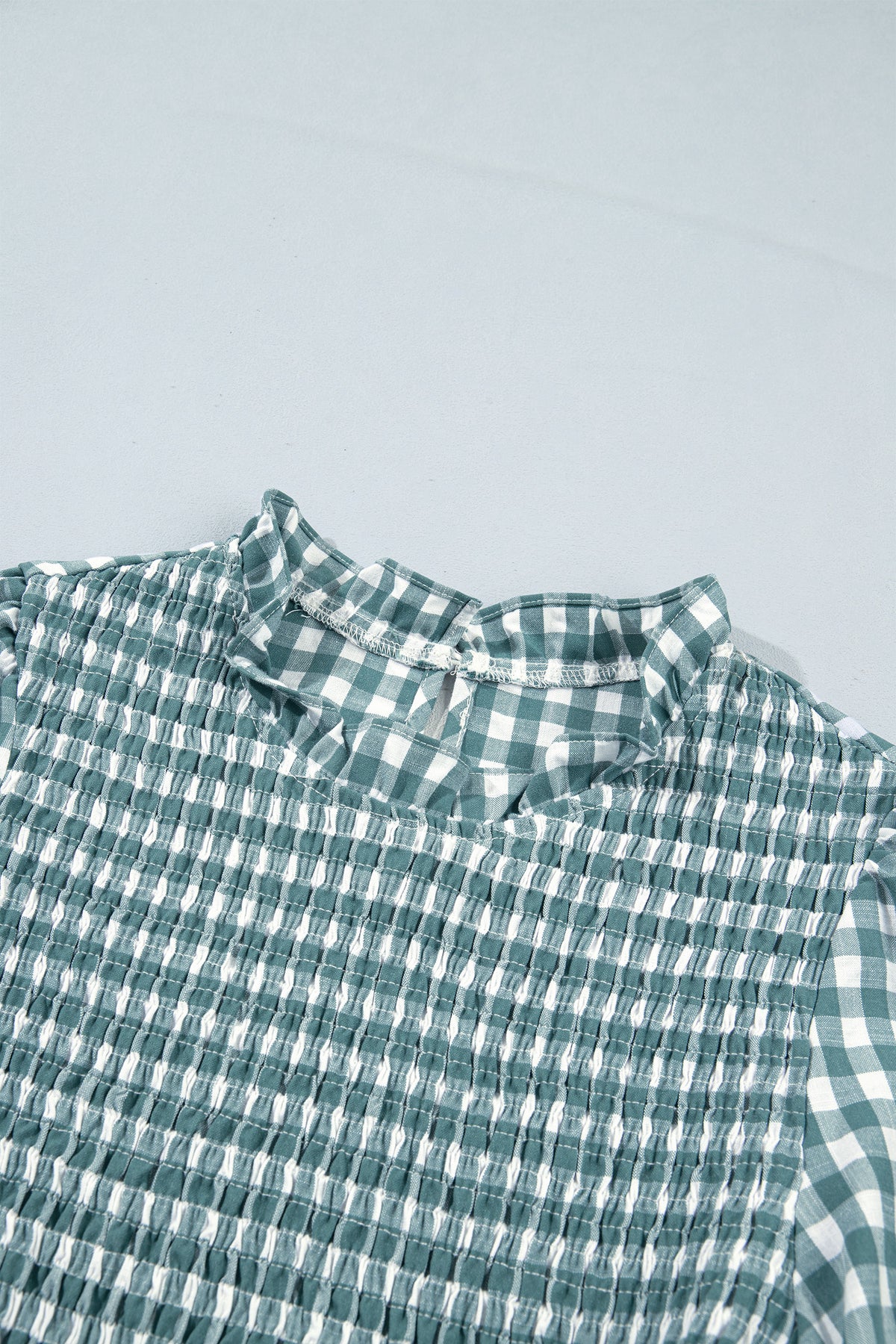 Green 3/4 Sleeve Shirred Plaid Peplum Top