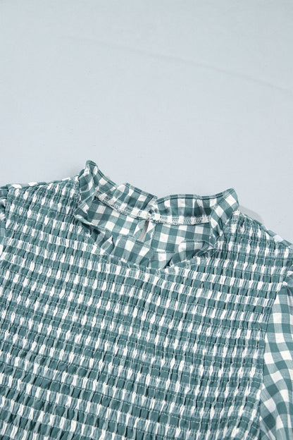 Green 3/4 Sleeve Shirred Plaid Peplum Top