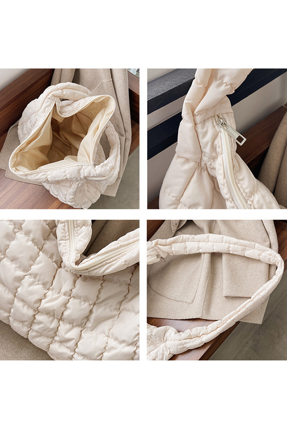 Grand sac à bandoulière matelassé beige clair avec fermeture éclair