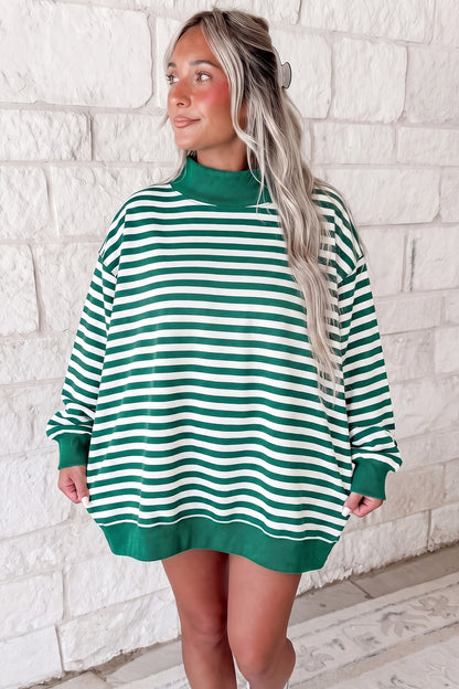 Green Stripe Cozy Mock Neck Oversized Tunic Sweatshirt