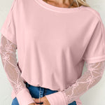 Light Pink Solid Color Bow Textured Patchwork Long Sleeve Tee