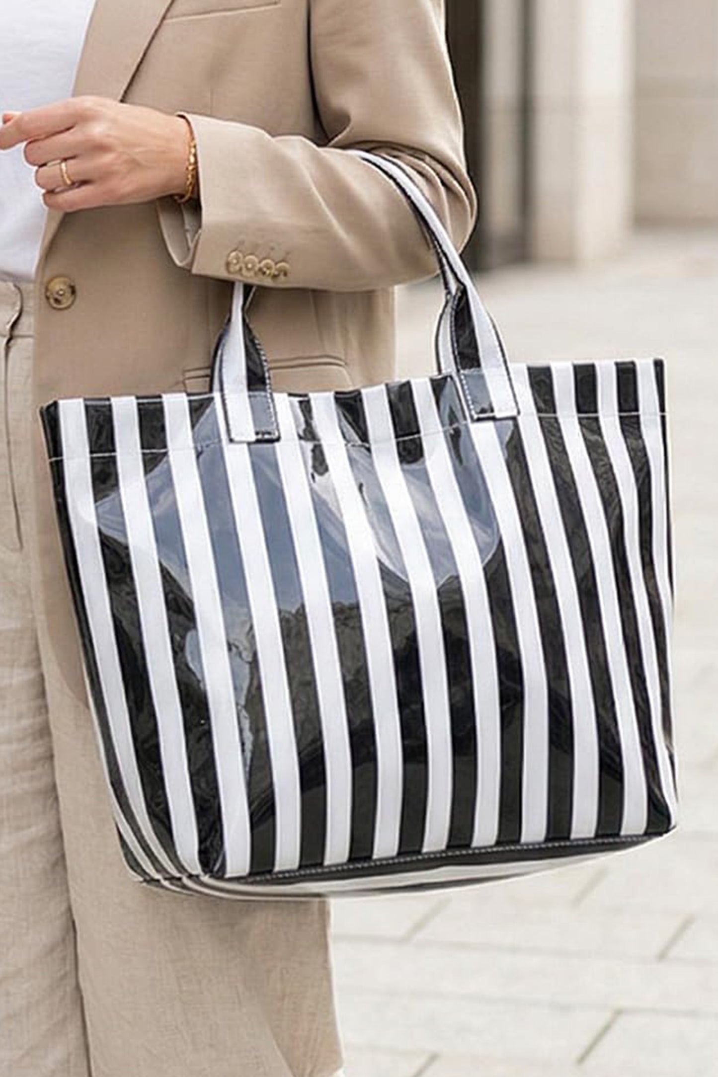 Color black Glossy Striped Vinyl Large Tote Bag