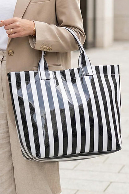 Color black Glossy Striped Vinyl Large Tote Bag