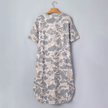 Multicolour Camouflage Print Short Sleeve Drop Shoulder Side Slit Casual Dress