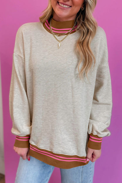 Gray Ribbed Stand Neck Long Sleeve Loose Fit Sweatshirt