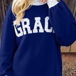 Dirty blue Polka Dot Trim High Neck GRACE Letter Graphic Baggy Sweatshirt