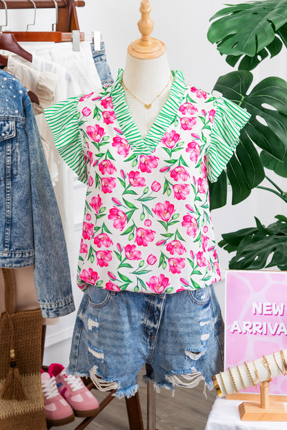 Multicolour Sweet Floral Print Striped Ruffle Trim V Neck Blouse