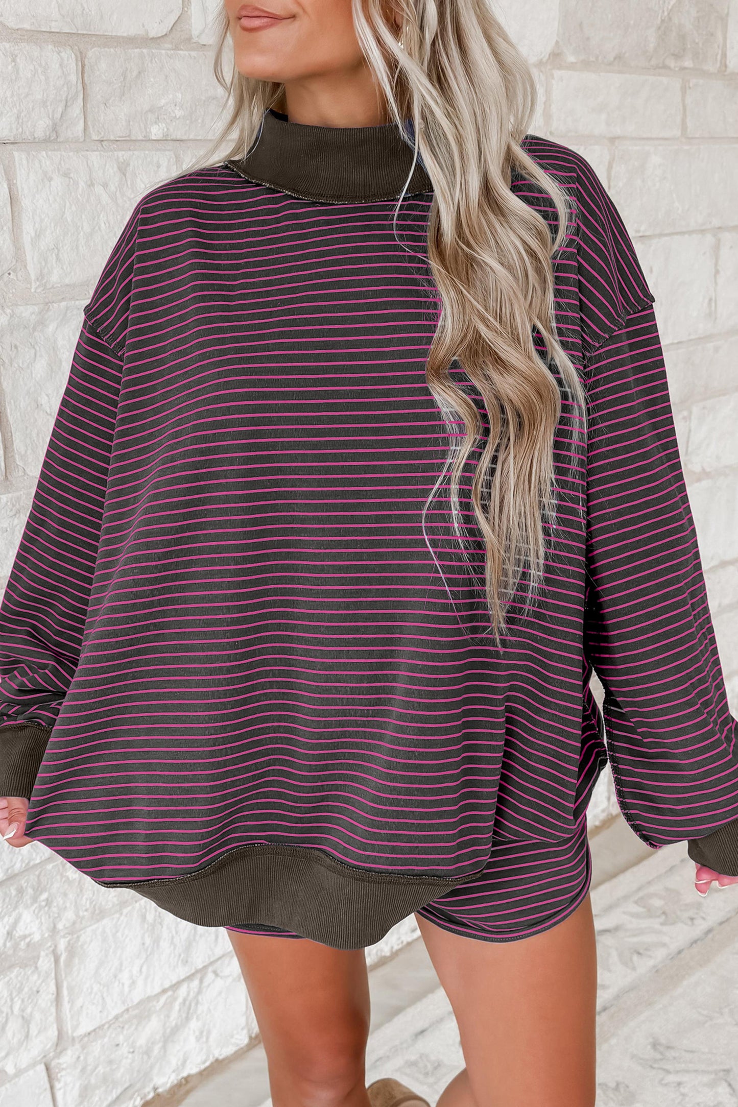 Brown Ribbed Patchwork Mock Neck Baggy Pullover Matching Shorts Set