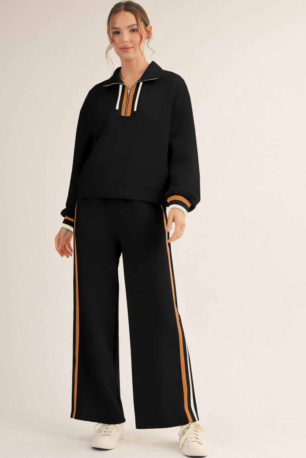 Gray Striped Patchwork Quarter Zip Pullover Loose Pant Set