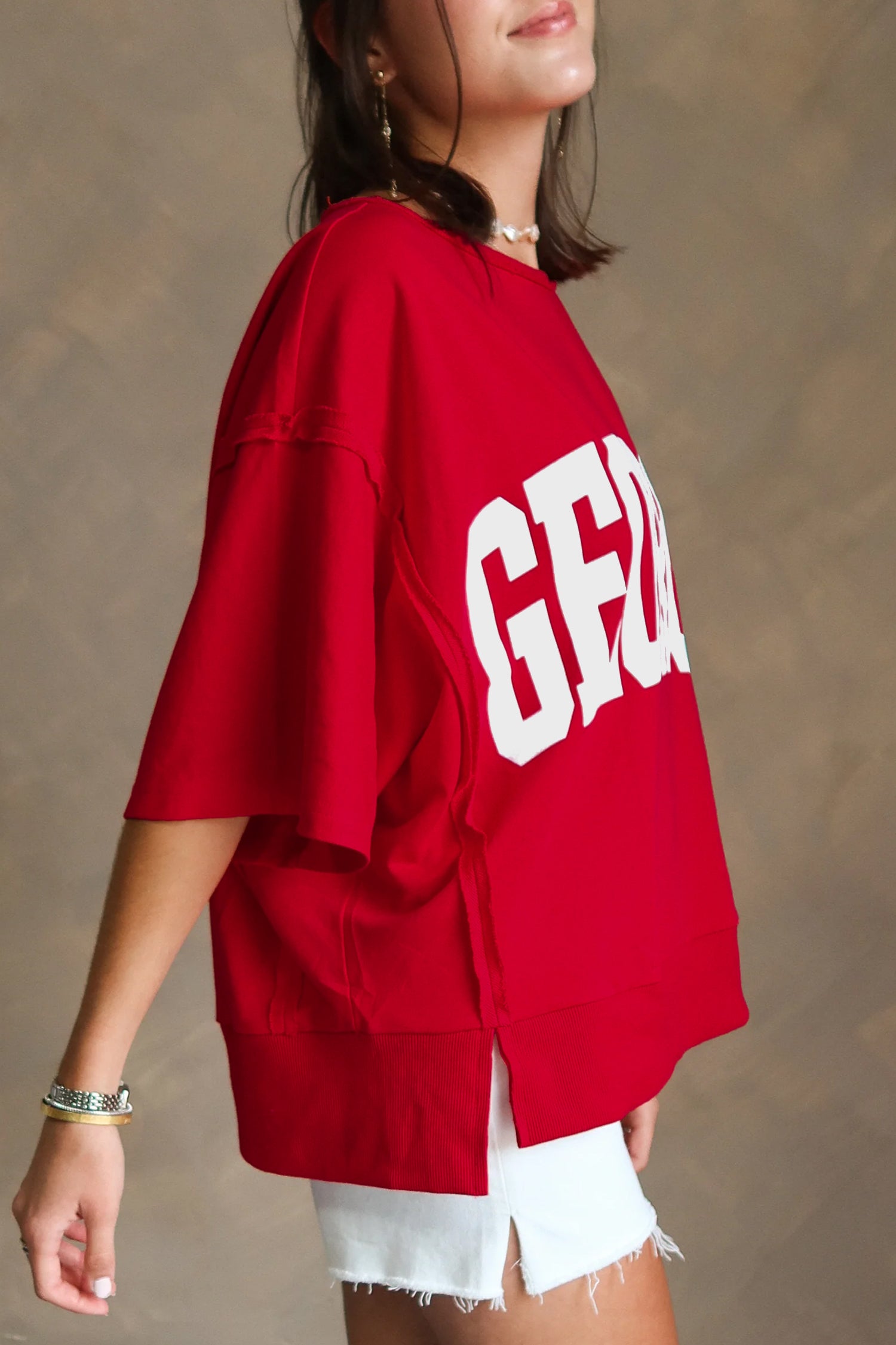 Racing Red GEORGIA Letter Printed Raw Seam Drop Shoulder Loose Tee