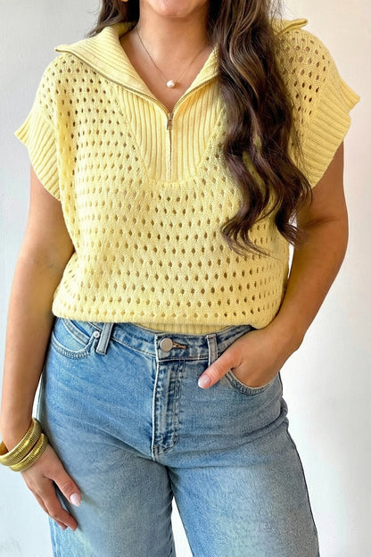 Yellow Solid Color Hollowed Knit Short Sleeve Zipper Collar Knitwear Top