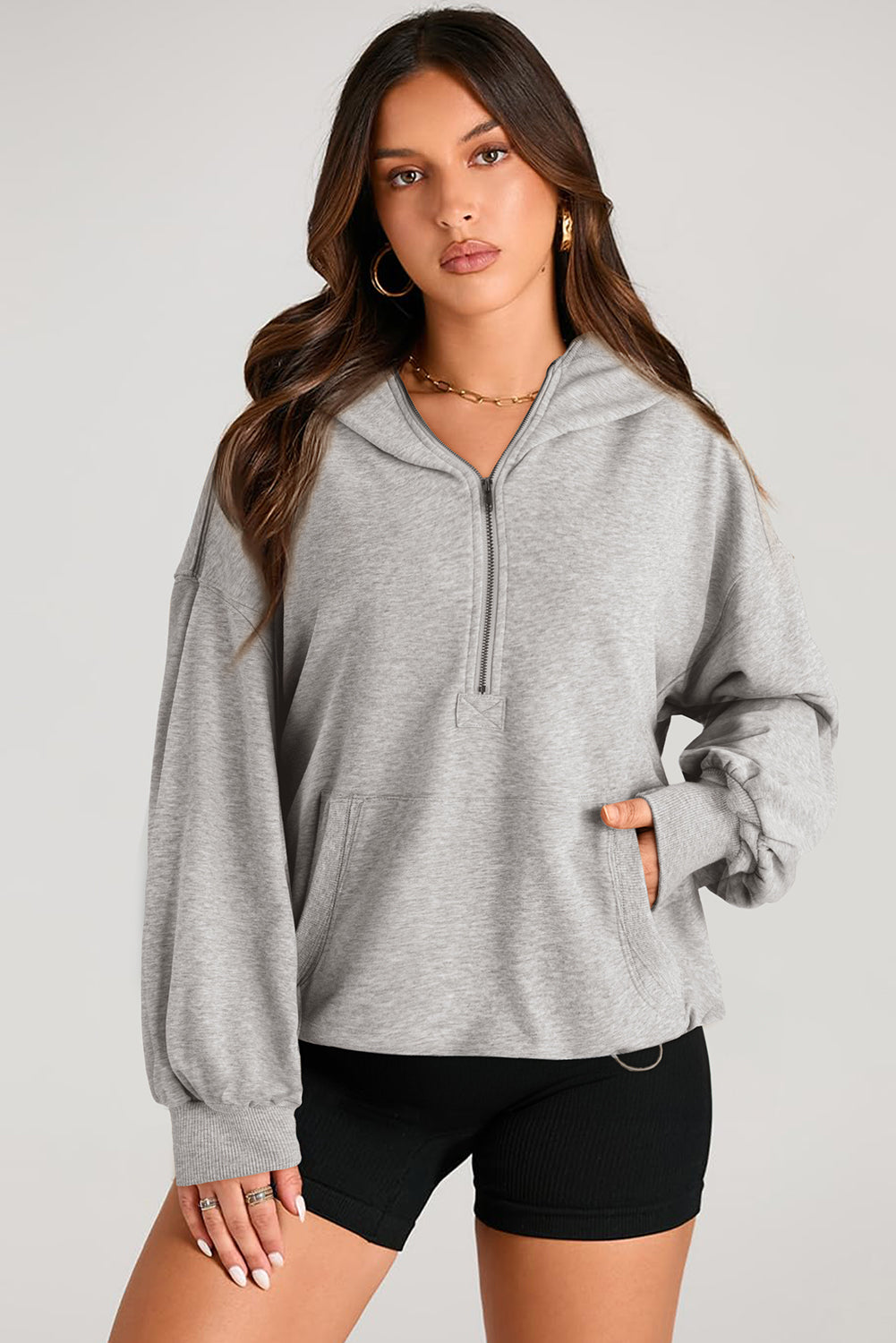 Sweat à capuche surdimensionné gris clair uni avec poche kangourou et demi-fermeture éclair