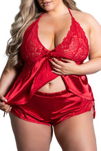 Red Sexy Lace Bow Halter Backless Plus Size Babydoll Set