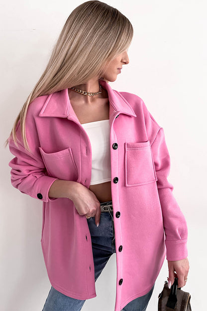 Veste-chemise boutonnée à manches longues et poches de couleur unie noire 