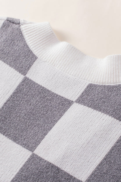 Cárdigan tipo suéter con botones y estampado de cuadros en contraste gris