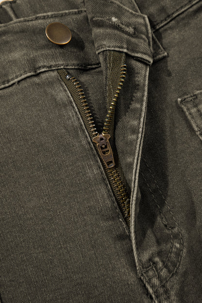 Coffee Solid Color Square Patch Pocket Ankle-length Barrel Jeans