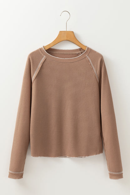 Smoke Gray Textured Round Neck Long Sleeve Top