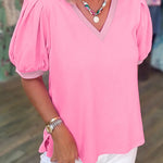 Bonbon Solid Color V Neck Short Puff Sleeve Blouse