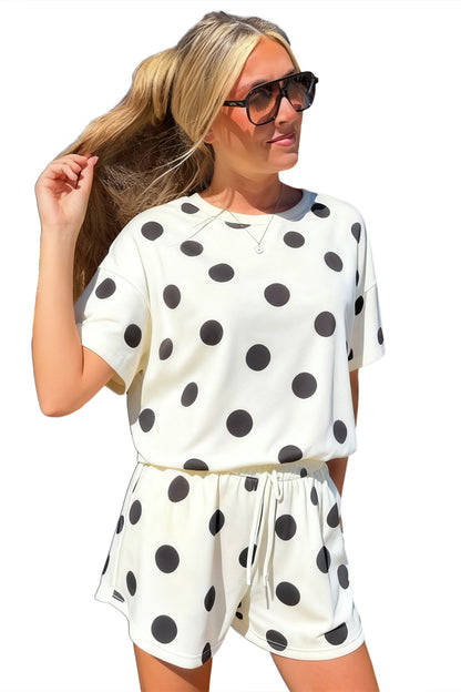 Black Polka Dot Print Loose Tee Drawstring Elastic Waist Short Set