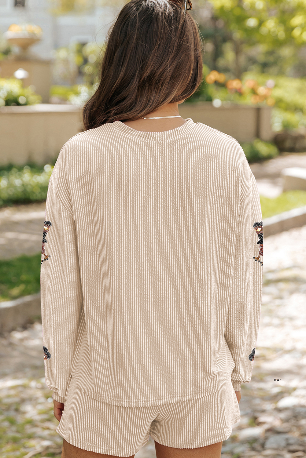 Ensemble short ample en tricot côtelé à paillettes et motif dinde d'Halloween