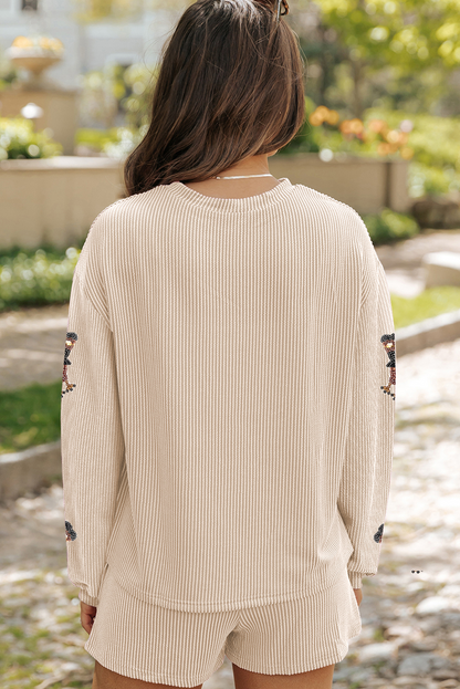 Ensemble short ample en tricot côtelé à paillettes et motif dinde d'Halloween