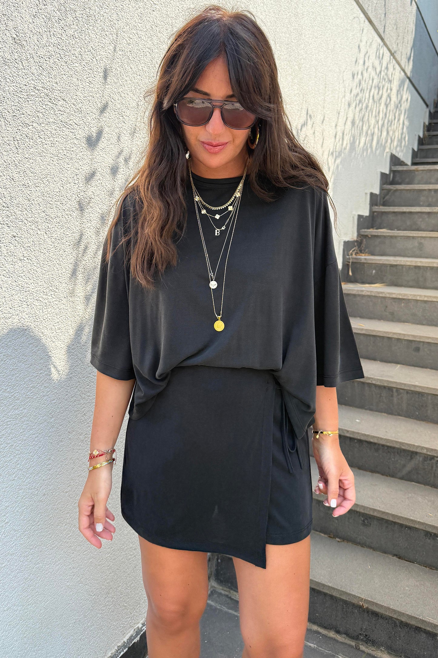 Black Solid Color Oversize Tee Tie Wrap Mini Skort 2pcs Set