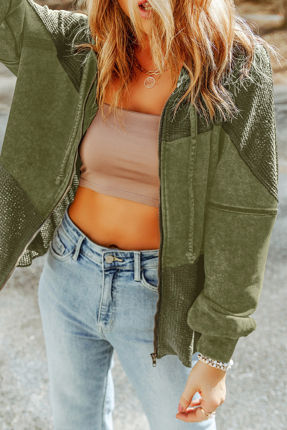 Khaki Waffle Patchwork Vintage Washed Hooded Jacket