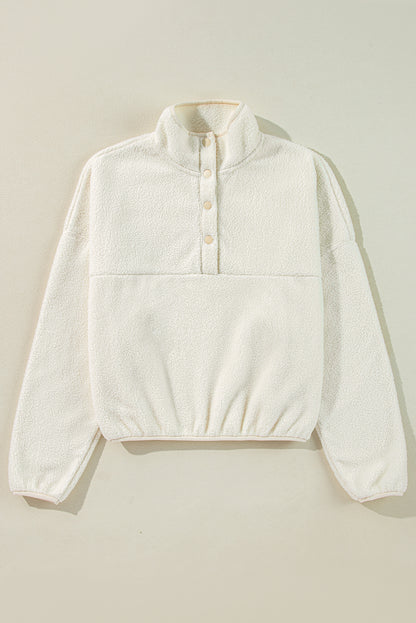 Sweat-shirt blanc en polaire avec patte de boutonnage et col rabattu et épaules tombantes