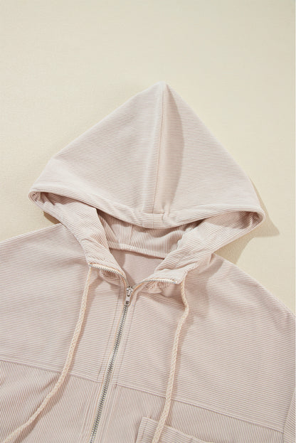 White Corduroy Drawstring Hooded Pocket Zip Up Jacket