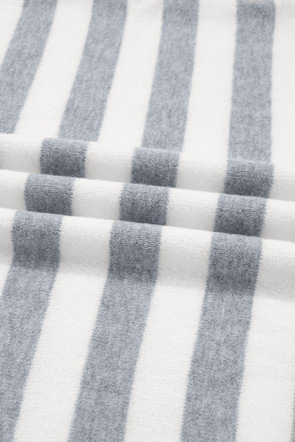 Gray Stripe Ribbed Buttoned Detail Drop Shoulder Tunic Sweater