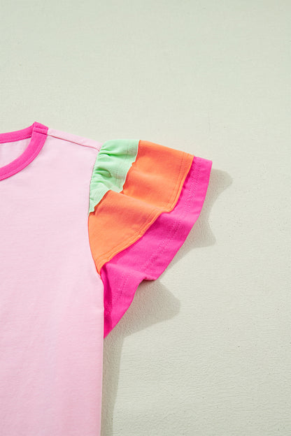 Pink Colorblock Flutter Sleeve Round Neck T Shirt