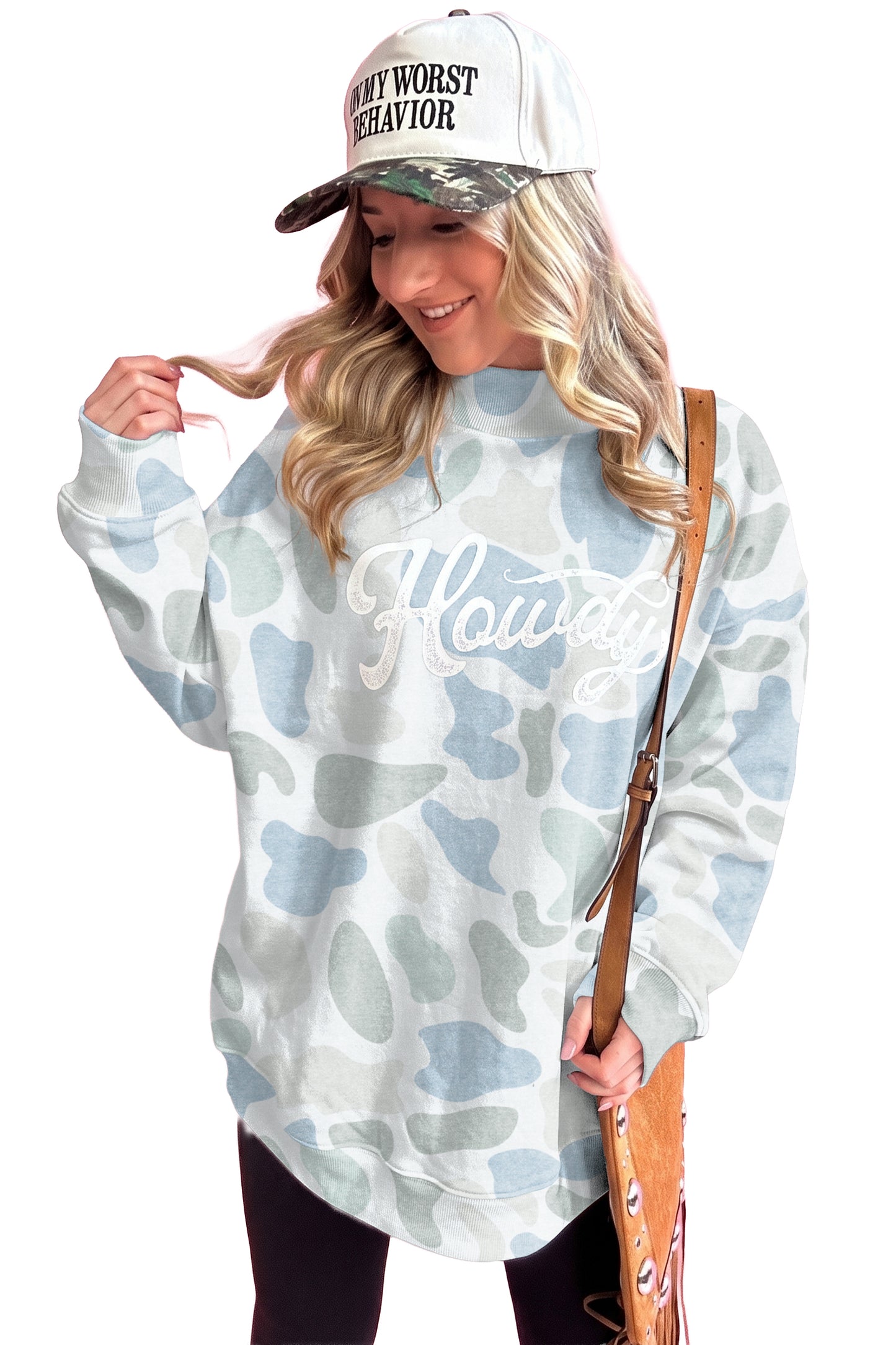 Sky Blue Camo Print Howdy Western Style Baggy Pullover Sweatshirt